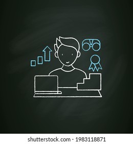 Workaholic chalk icon.Improving career prospects. Increase productivity. Work done reward. Man at laptop.Overworking concept. Isolated vector illustration on chalkboard