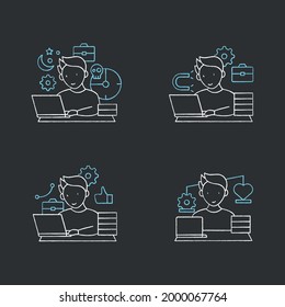 Workaholic chalk icons set. Workaholism prevention and consequences. Workaholism treatment, ethic and dilemma.Overworking concept. Isolated vector illustrations on chalkboard