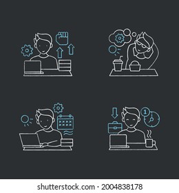 Workaholic chalk icons set. Workaholism prevention and consequences. Workaholism treatment, ethic and dilemma.Overworking concept. Isolated vector illustrations on chalkboard