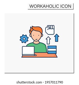 Workaholic color icon. Motivational causes. Man works sitting near laptop. Hard working. Overworking concept.Isolated vector illustration