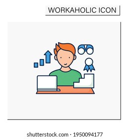 Workaholic color icon.Improving career prospects. Increase productivity. Work done reward. Man at laptop.Overworking concept.Isolated vector illustration