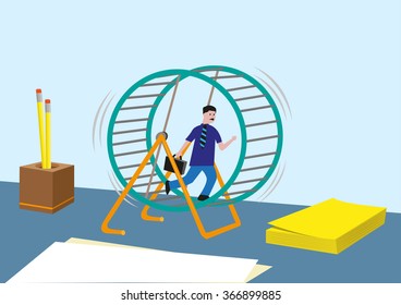 Workaholic concept and more. Businessperson or Sales Marketing Running Endless in a Hamster Wheel. Editable Clip Art.