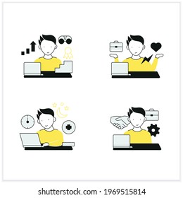 Juego de iconos planos. Prevención y consecuencias del racismo laboral. Tratamiento de la adicción al trabajo, ética y dilema.Normas de conducta. Concepto de sobretrabajo.Ilustraciones vectoriales