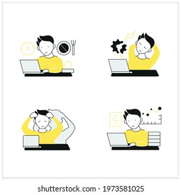 Workaholic flat icons set. Workaholism prevention, consequences. Depersonalization, counterproductive behaviour, skip breaks.Overworking concept.Vector illustrations