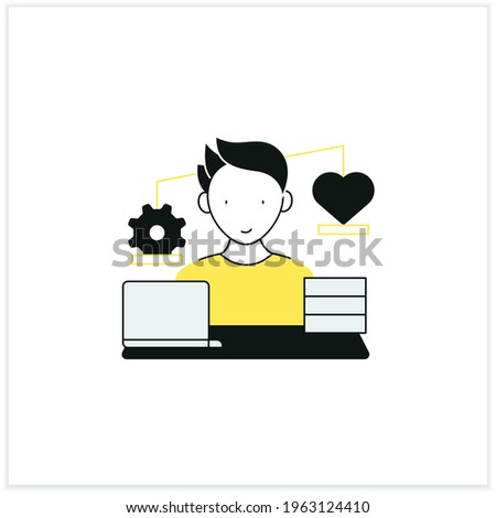 Workaholic flat icon.Work before personal lives. Give preference to job. Man works on laptop. Hard working.Work love concept.Vector illustration