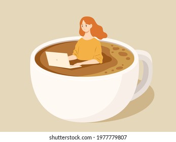 Workaholic girl working in coffee cup with exhausted face expression. Concept of overtime working, deadline, overload working, caffeine, insomnia, tried woman. Abstract illustration. Flat vector.