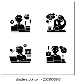 Workaholic glyph icons set. Workaholism prevention and consequences. Workaholism treatment, ethic and dilemma.Overworking concept.Filled flat signs. Isolated silhouette vector illustrations
