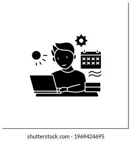 Workaholic glyph icon.Work through vocation, overtime. Work despite calendar days off. Man at laptop. Hard working. Overworking concept.Filled flat sign. Isolated silhouette vector illustration