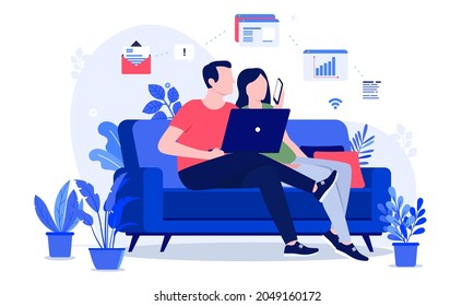 Workaholic at home - Man working from sofa at home with wife, computer and phone. Working all the time concept. Vector illustration with white background.