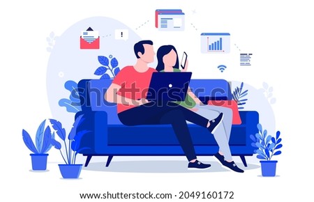 Workaholic at home - Man working from sofa at home with wife, computer and phone. Working all the time concept. Vector illustration with white background.