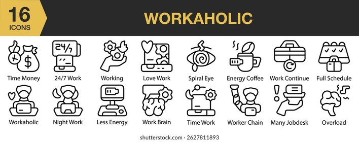 Conjunto de iconos adictos al trabajo. Incluye adicto al trabajo, trabajo, trabajador, empleado, oficina, agotado y más. Colección de Vector de iconos de contorno.