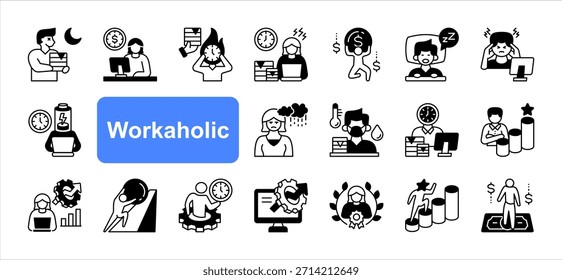 Conjunto de iconos adictos al trabajo con exceso de trabajo, horas extra, fecha límite, estrés, agotado, gestión del tiempo, Vector simple de productividad.