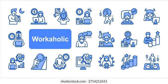Conjunto de iconos adictos al trabajo con exceso de trabajo, horas extra, fecha límite, estrés, agotado, gestión del tiempo, Vector simple de productividad.