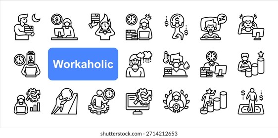 Conjunto de iconos adictos al trabajo con exceso de trabajo, horas extra, fecha límite, estrés, agotado, gestión del tiempo, Vector de línea simple de productividad.