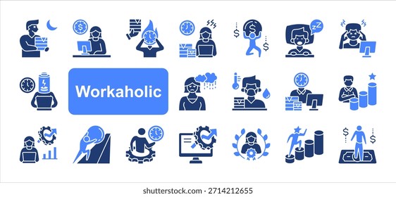 Conjunto de iconos adictos al trabajo con exceso de trabajo, horas extra, fecha límite, estrés, agotado, gestión del tiempo, Vector simple de productividad.