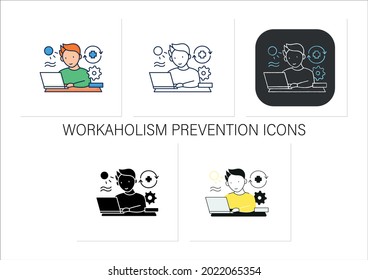 Workaholic icons set. Workaholism prevention.Conduct rules. Reasonable time allocation. Overworking concept.Collection of icons in linear, filled, color styles.Isolated vector illustrations