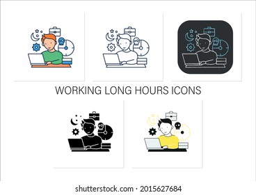 Workaholic icons set. Working long hours. Work from morning to night. Overworking concept. Collection of icons in linear, filled, color styles.Isolated vector illustrations 
