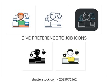 Workaholic icons set.Work before personal lives. Give preference to job. Man works on laptop. Hard working.Collection of icons in linear, filled, color styles.Isolated vector illustrations