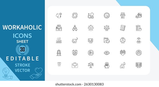 Workaholic Icons Sheet 30 Gráficos de Vector de trazo editables