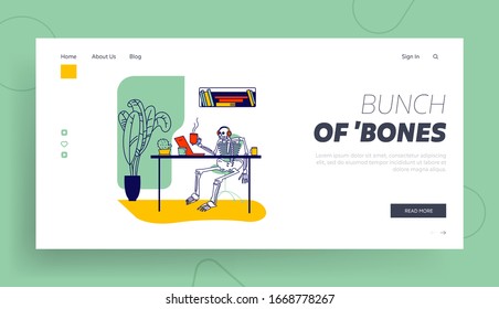 Workaholic at Job, Deadline or Work Overload, Commitment Landing Page Template. Skeleton Character in Headset Sitting at Office Desk with Coffee Cup Look in Laptop Screen. Linear Vector Illustration