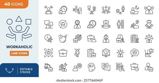 Workaholic line Editable Icons set. Workaholic and workaholism icon set. containing Busy, rushed, burnout, tired, overworked and more.