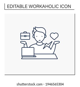 Icono de línea funcional. Conflicto entre la vida privada y el trabajo. Dilema. Hombre en el portátil.Concepto de trabajo excesivo.Ilustración vectorial aislada.Accionamiento editable