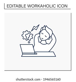 Icono de línea funcional. Comportamiento contraproducente. Descanse en el lugar de trabajo. El hombre se relaja, no piense en el trabajo. Concepto de amor de trabajo.Ilustración vectorial aislada.Icono editable