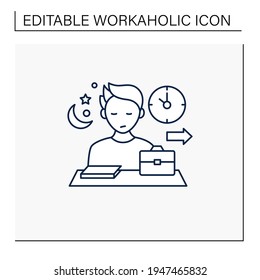Workaholic line icon.Last leave office. Works until nightfall. Man at laptop. Hard working.Overworking concept.Isolated vector illustration.Editable stroke
