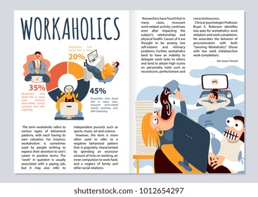 Workaholic magazine layout with office work symbols infographics flat vector illustration