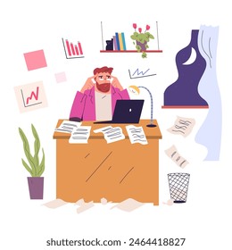 Workaholic. Multitasking worker busy tired man overtime night work on laptop computer and throwing paper chaos at table home office, secretary hardwork concept vector illustration