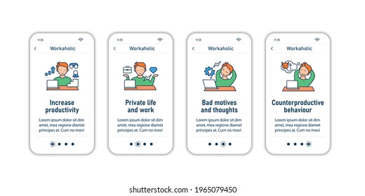 Workaholic onboarding mobile app screens. Workaholism prevention and consequences. Workaholic sings infographic steps menu. Set of UI, UX, web template with RGB color linear icons