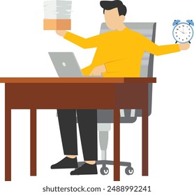 Adicto al trabajo, sobrecargado de trabajo, muchos documentos concepto, hombre de negocios ocupado multitarea o cansado y cansado por exceso de trabajo, hombre de negocios adicto al trabajo trabajando duro en su escritorio de la oficina con documentos de trabajo.