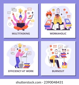 Workaholic people posters set, flat vector illustrations. Excited woman with multiple hands, multitasking concept. Burned out and depressed employee. Happy efficient worker.