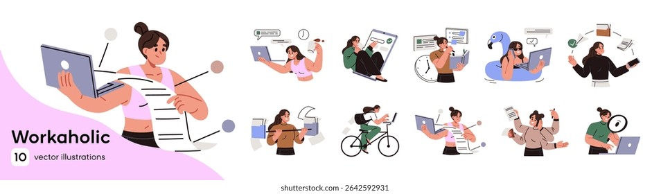 Conjunto workaholic. Funcionário ocupado trabalha em laptop, pesquisa, faz fluxos de trabalho de negócios. Escritório feliz ou trabalhador freelance é planejamento, multitarefa. Ilustrações de vetor isoladas planas sobre fundo branco