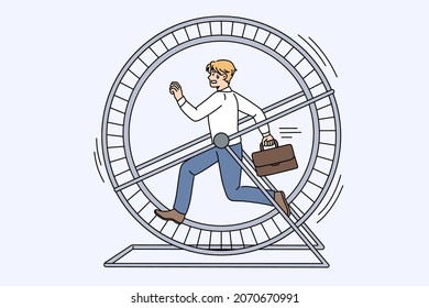 Workaholic and tiredness at work concept. Young stressed businessman cartoon character running in wheel having endless run job vector illustration 