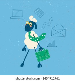 Workaholic vector sheep color illustration.