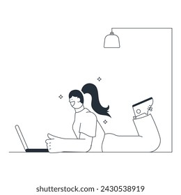 Workaholic Woman on Laptop Outline Illustration
