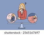 Workaholic woman thought about balance between sleep and work, due to chronic workaholism. Workaholic girl is thinking about possibility of giving up additional job to increase amount of rest.