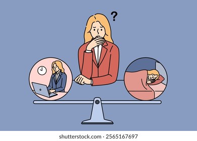 Workaholic woman thought about balance between sleep and work, due to chronic workaholism. Workaholic girl is thinking about possibility of giving up additional job to increase amount of rest.