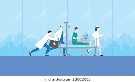 Workaholic, work hard, busy, rush, deadline and overwork concept. An emergency sick patient working by laptop on a hospital bed with urgent case medical team staff, doctor nurse, health care checking.