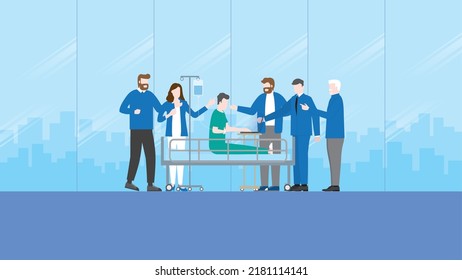 Workaholic, trabajar duro, trabajar demasiado, ocupado, horas extra y concepto de fecha límite. El cliente y el jefe asignan tareas a un paciente enfermo empleado, utilizando un portátil en una cama de hospital con una bolsa de goteo médico de solución salina.