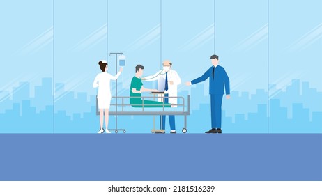 Workaholic, work hard, overwork and deadline concept. A boss assigns tasks to sick employee patient, using a laptop on a hospital bed with medical team staff, doctor, nurse, health checking treatment.