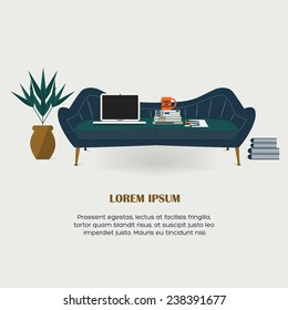 Workaholic - Working at home, modern flat design elements, cozy blue couch, laptop, stacked books, pens and pencil, paper, workaholic mug, and a potted plant