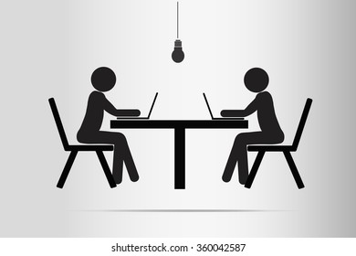 Workaholics, toiling late into the night by the light of lamps. Tables and chairs, workers, office style. Vector.