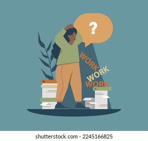 Workaholism, bad habit concept. Character with unhealthy lifestyle pattern or addiction. Overload character working all night. Flat vector illustration