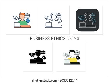 Workaholism icons set. Business ethics.Conduct rules at workplace. Workaholic concept. Collection of icons in linear, filled, color styles.Isolated vector illustrations