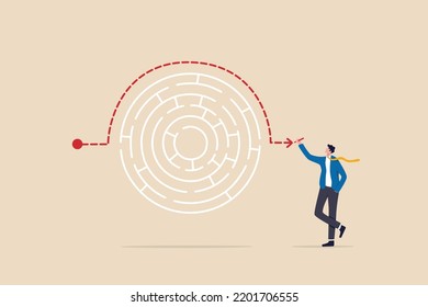 Workaround solution to bypass problem difficulty  creativity to overcome obstacle solving business problem  avoiding path concept  businessman genius draw workaround line to solve labyrinth 