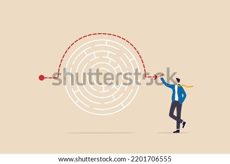 Workaround or solution to bypass problem or difficulty, creativity to overcome obstacle or solving business problem, avoiding path concept, businessman genius draw workaround line to solve labyrinth.