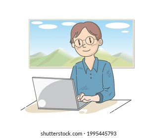 Workation image - man working with laptop computer.