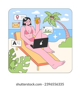 Workation paradise. Woman multitasking on laptop while lounging at a tropical beach, enjoying a refreshing drink. Digital nomad lifestyle blends work with relaxation. Flat vector illustration.